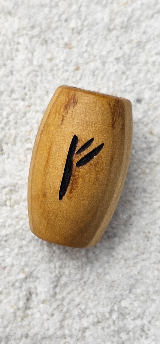 XXL BRANDRUNE FEHU - Riesige Holz Großlochperle Dreadschmuck / Dread Perle / Flecht Perle aus Kiefernholz mit eingebrannter Rune, glatt poliert